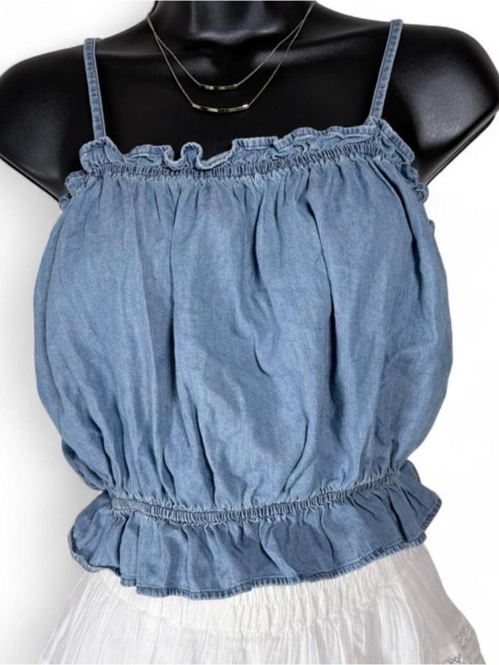 Guess Light Blue Denim-Look Smocked Camisole